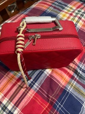 Red Quilted Women's Top-Handle Cosmetic Bag